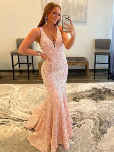Cheapest Velvet Sequin Sheath Sweep Train Sleeveless V-Neck Evening Gown Canada