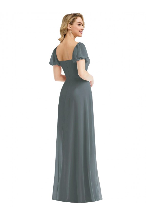Cheapest Soft Chiffon A-Line Long Puff Sleeves Semi Formal Evening Dress Canada